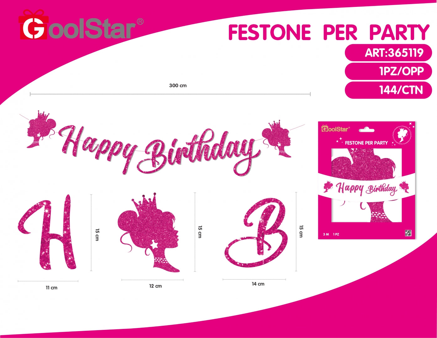 Festone "Happy Birthday" Rosa Glitter – 3 Metri