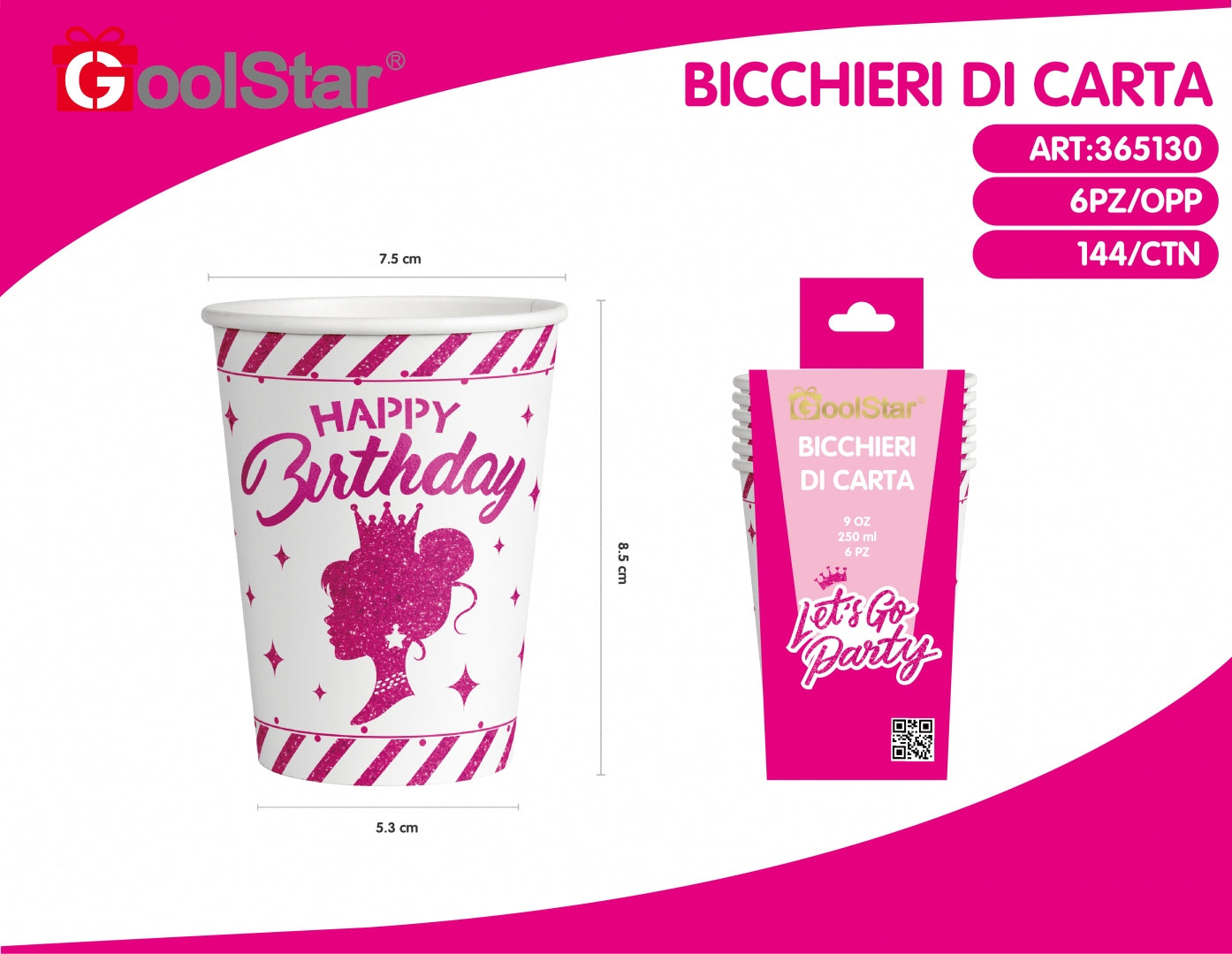 Bicchieri di carta "Happy Birthday" Rosa 250 ml - 6 Pezzi