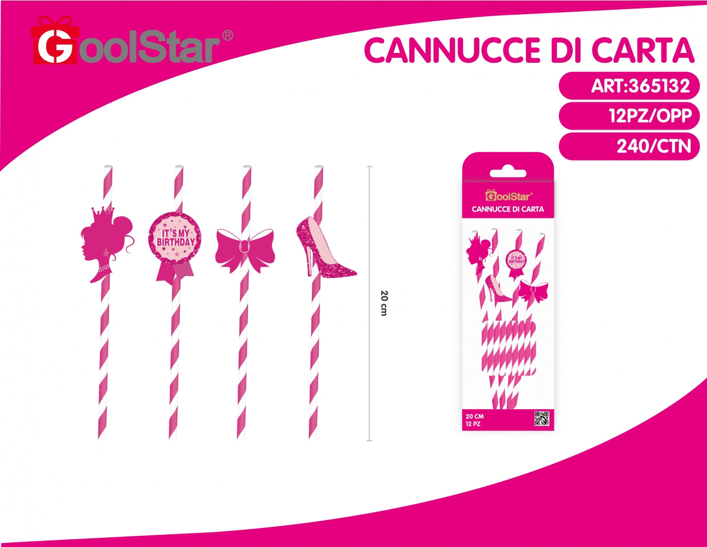 Cannucce di carta rosa con decorazioni - 12 Pezzi