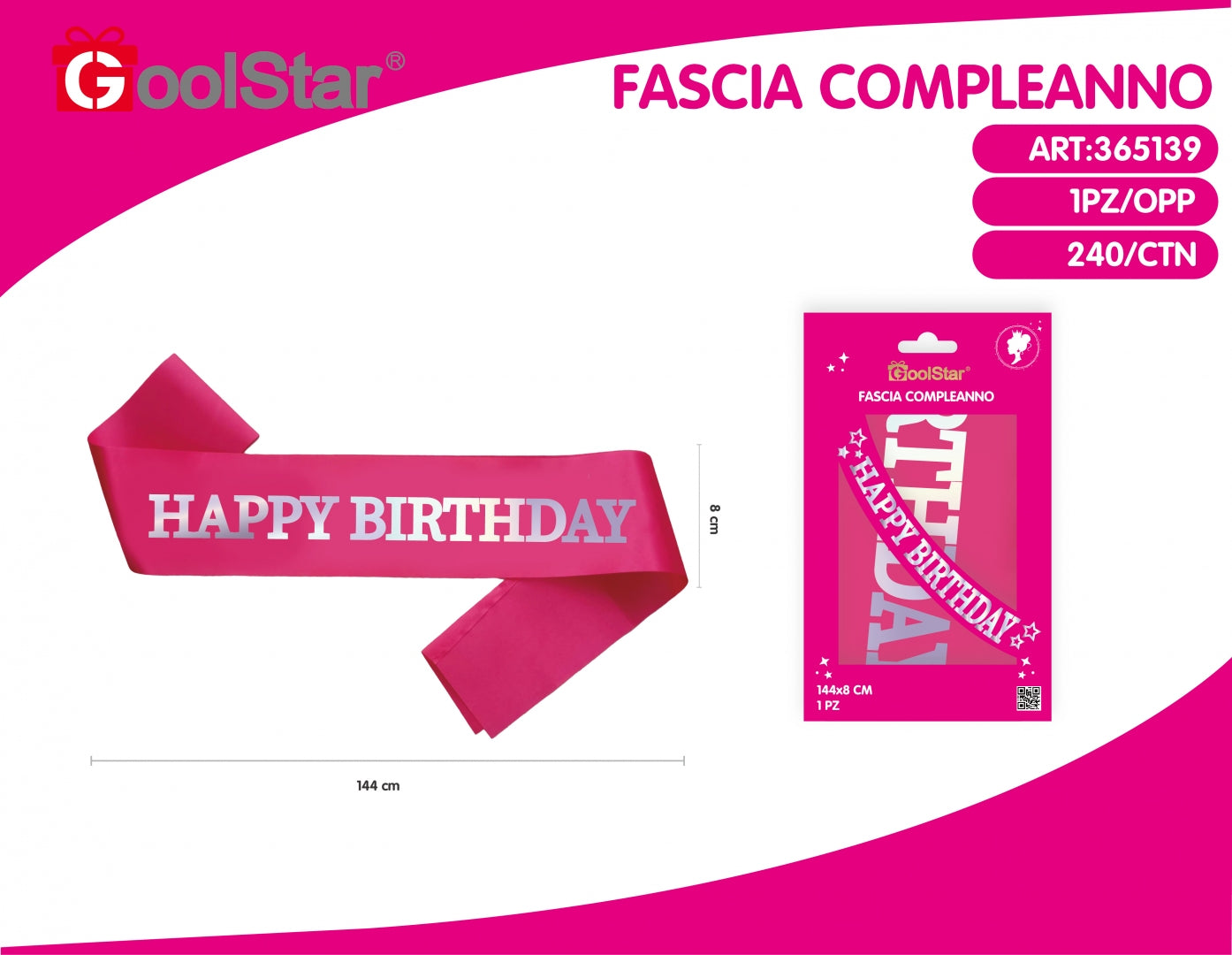 Fascia compleanno rosa "Happy Birthday" 144x8 cm - 1 pezzo