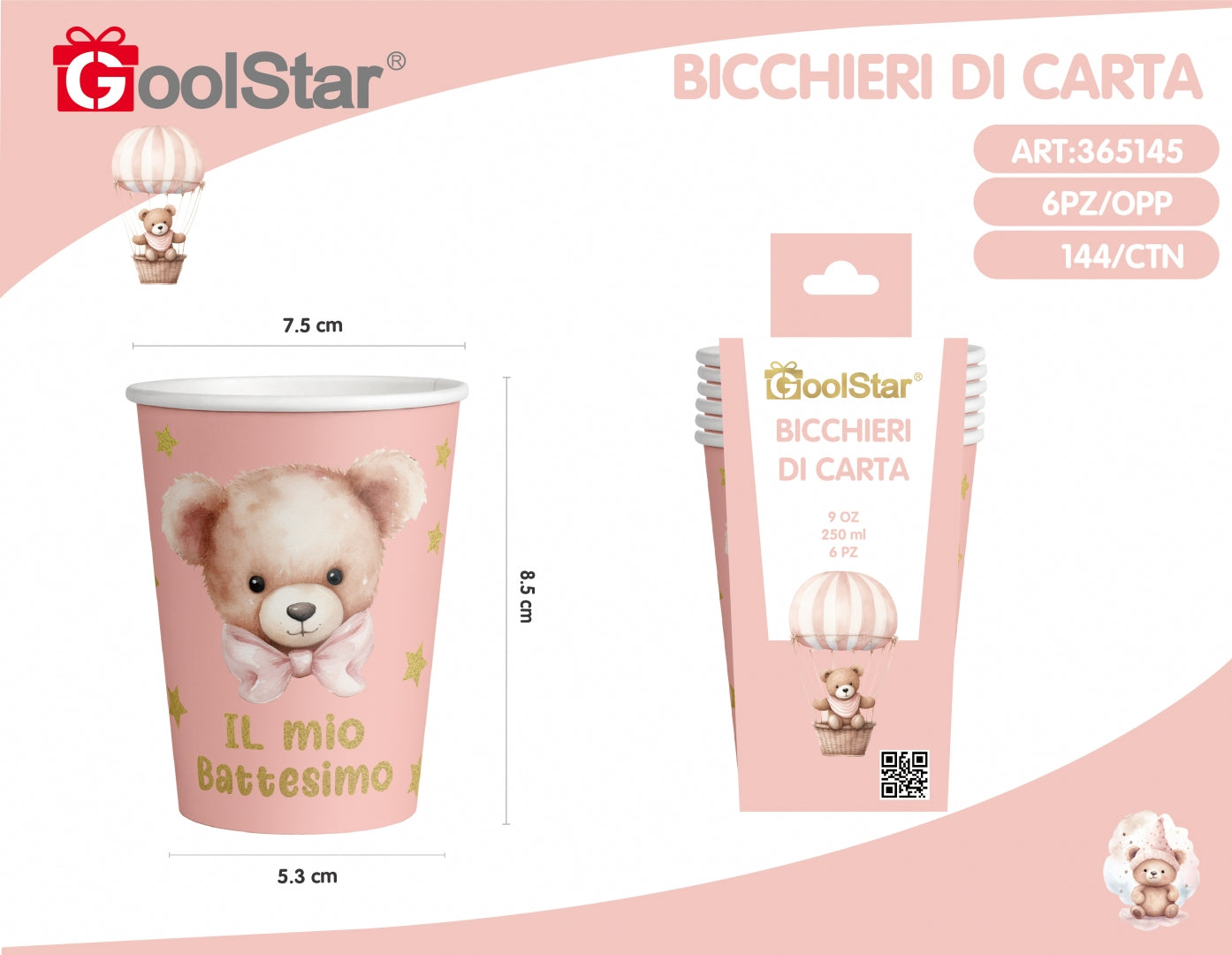 Bicchieri di carta “Il Mio Battesimo” con orsetto – 250 ml – Rosa o Azzurro – GoolStar
