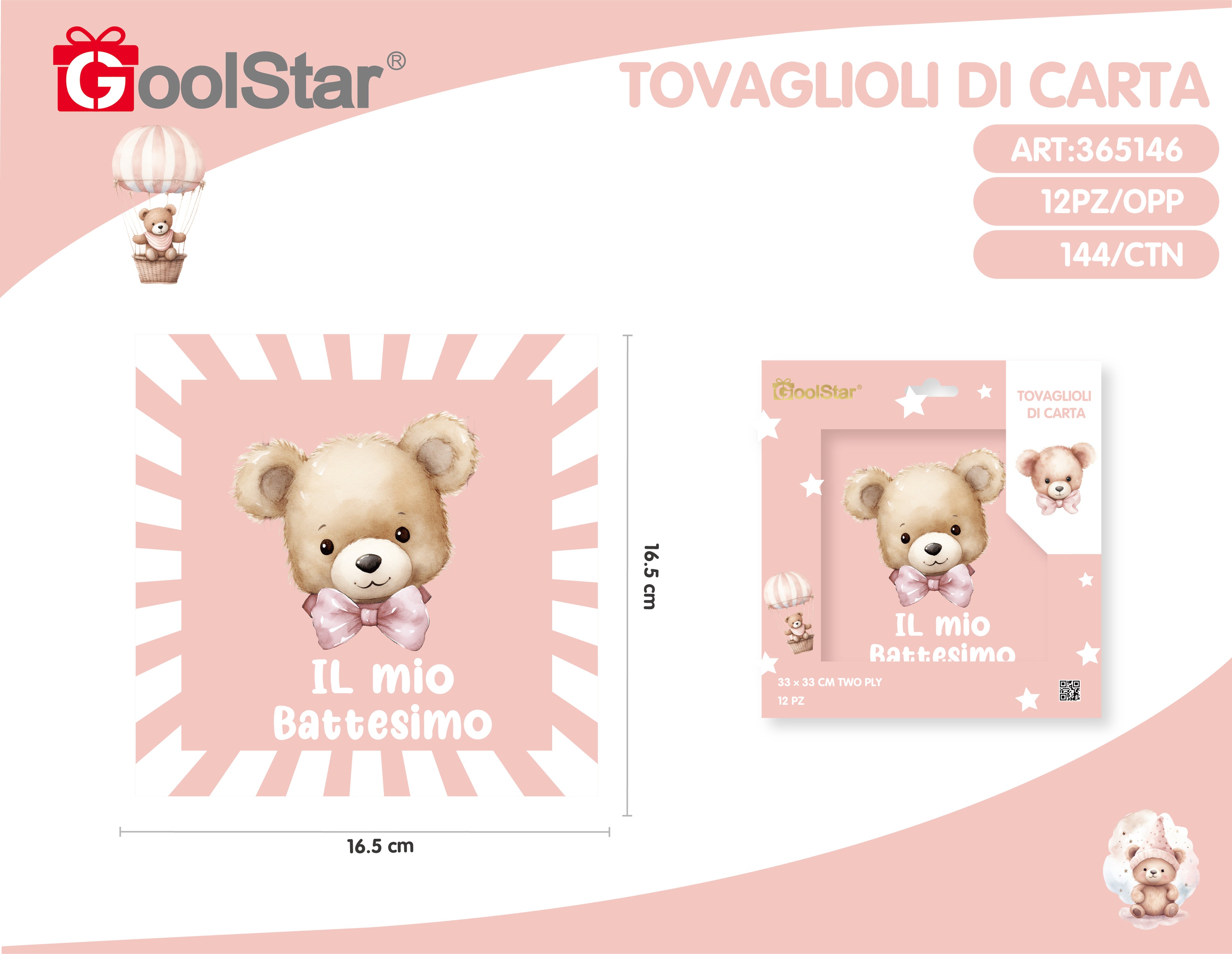 Tovaglioli di carta “Il Mio Battesimo” con orsetto Rosa o Azzurro – GoolStar