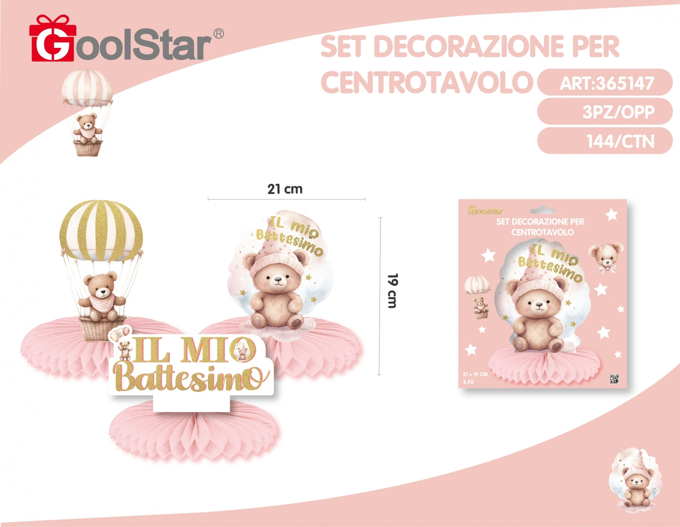 Set centrotavola “Il Mio Battesimo” 3 pezzi Rosa o Azzurro – GoolStar