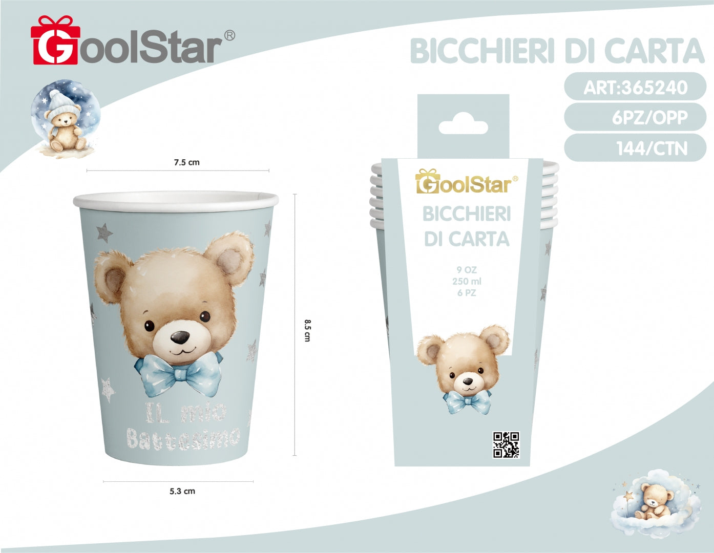 Bicchieri di carta “Il Mio Battesimo” con orsetto – 250 ml – Rosa o Azzurro – GoolStar