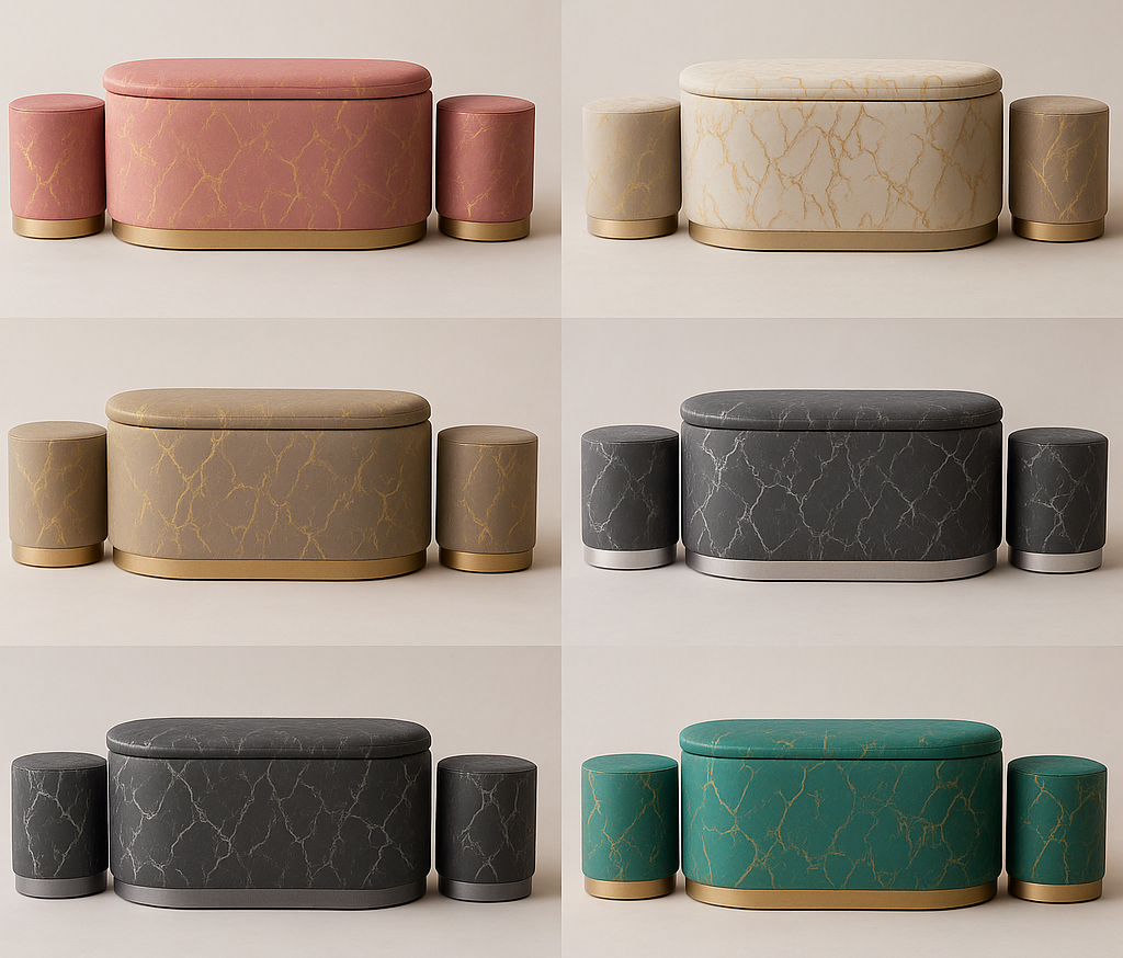 Set Divanetto contenitore vellutato e 2 Pouf con venature oro o argento– Vari colori