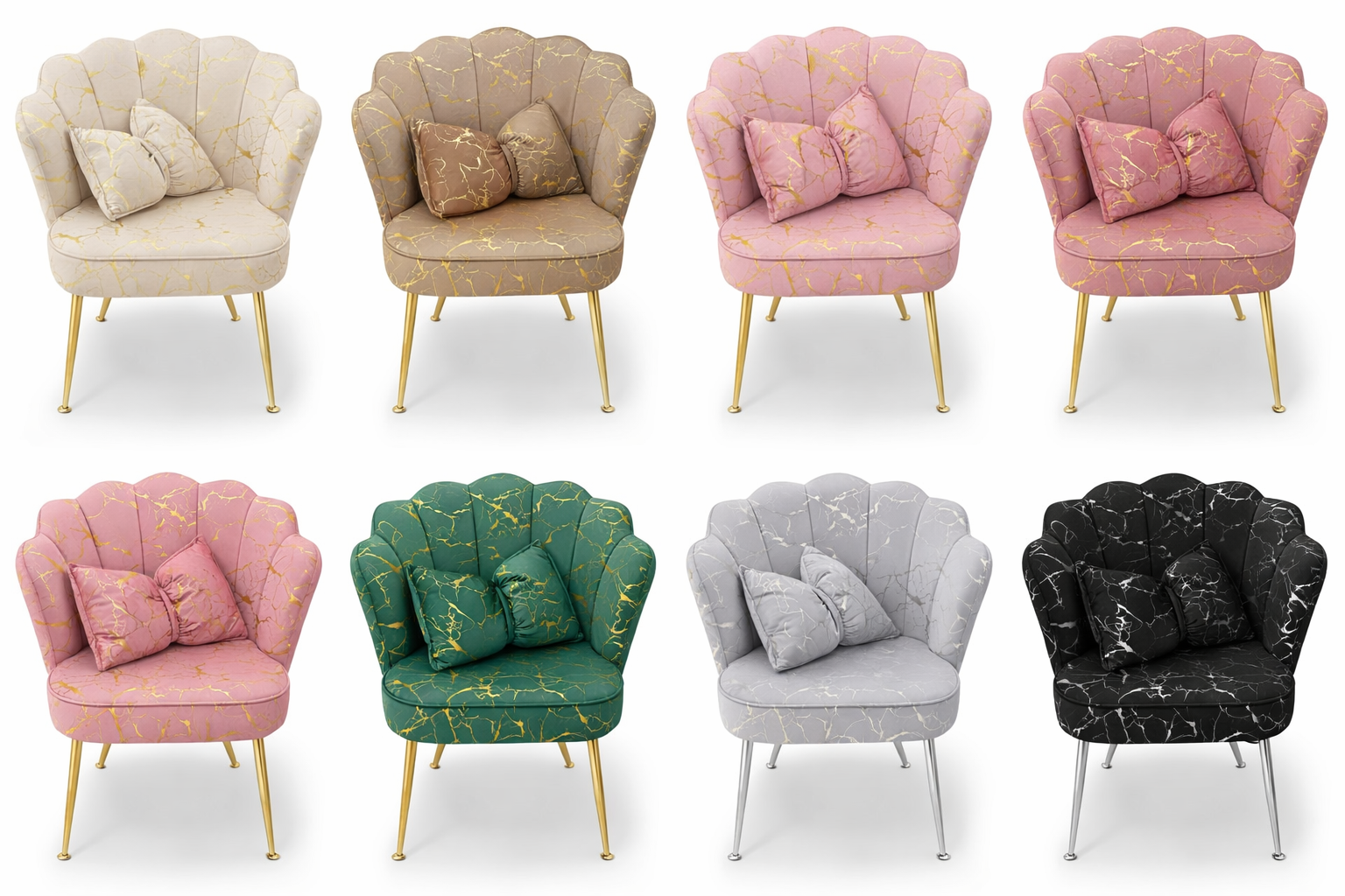 Sedia a conchiglia in velluto con venature metalliche – Vari colori