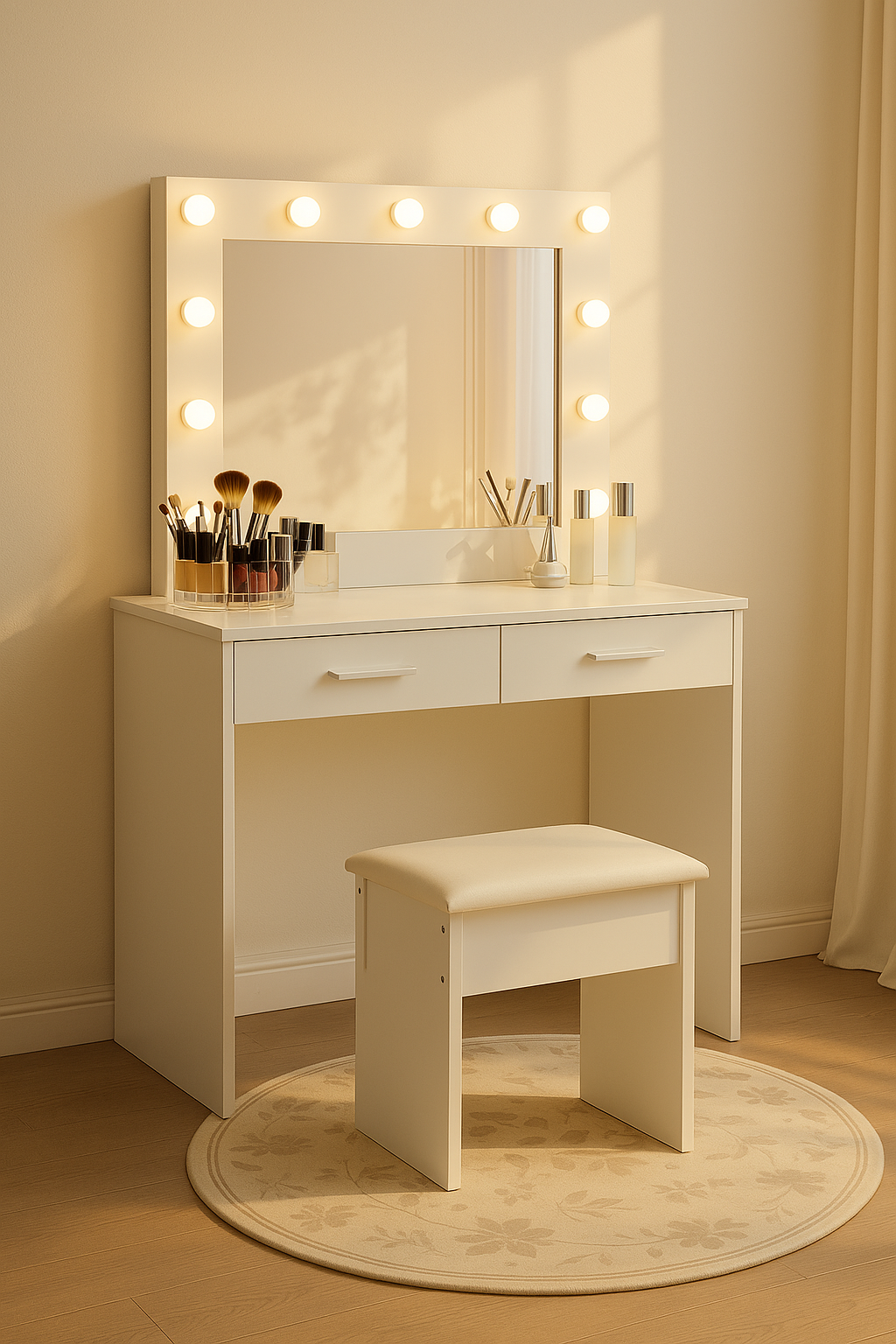 Toeletta Trucco con Specchiera e Luci LED – 3 Modalità di Illuminazione Regolabili, Bianco con Sgabello