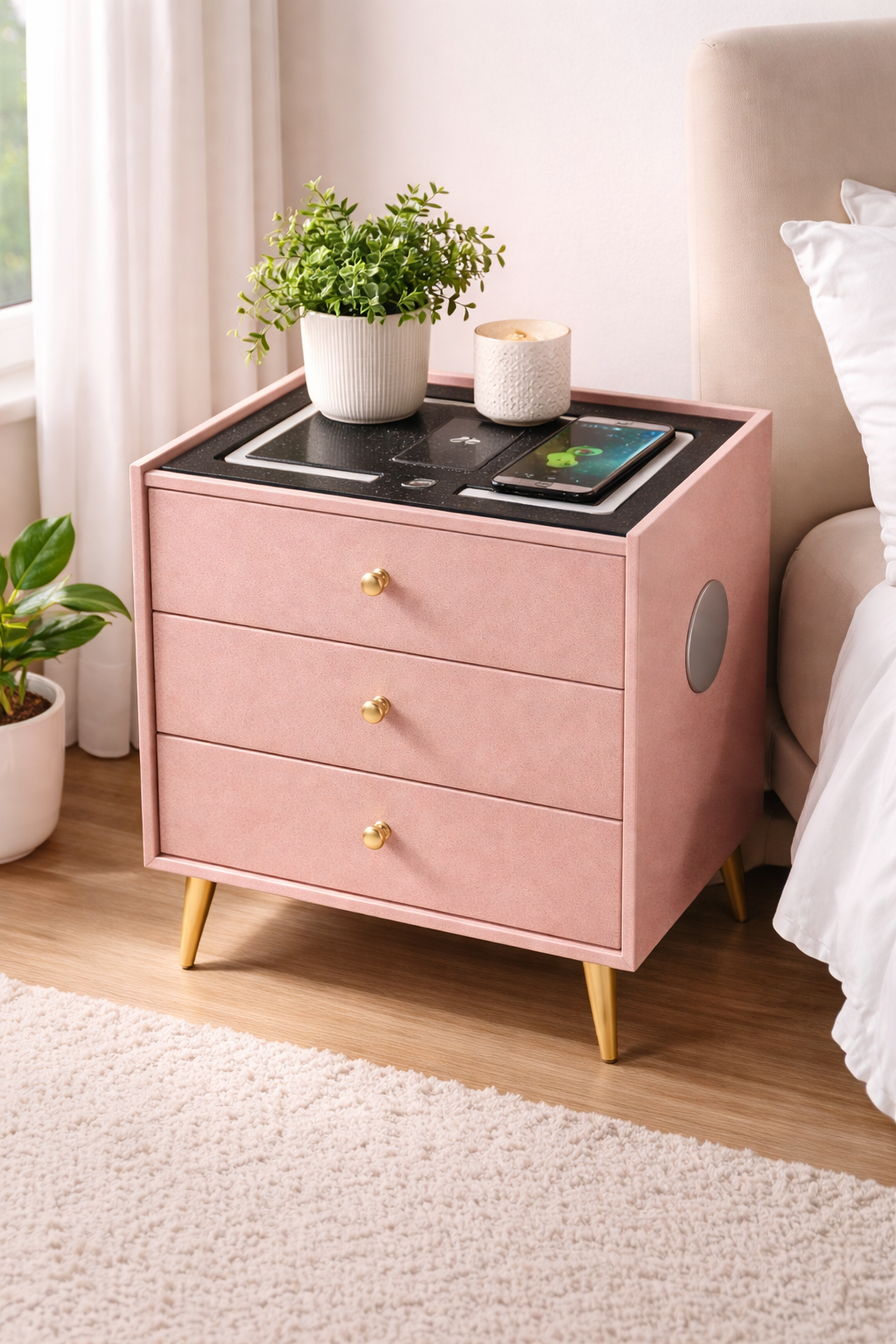 Comodino Smart in Camoscio con 3 Cassetti, Luci LED, Bluetooth e Ricarica Wireless