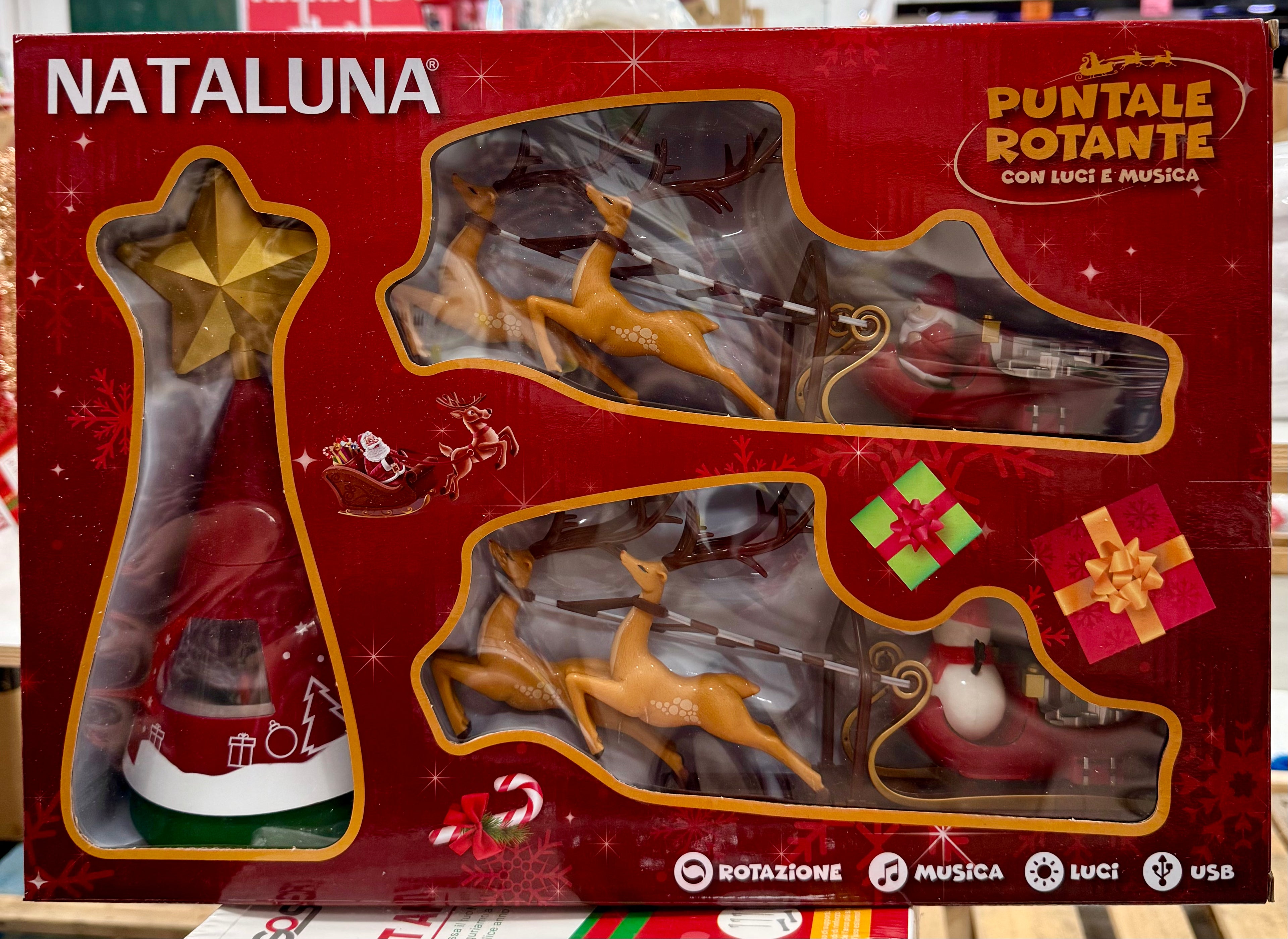 Puntale Rotante Nataluna con Luci e Musica – Babbo Natale con Slitta e Renne
