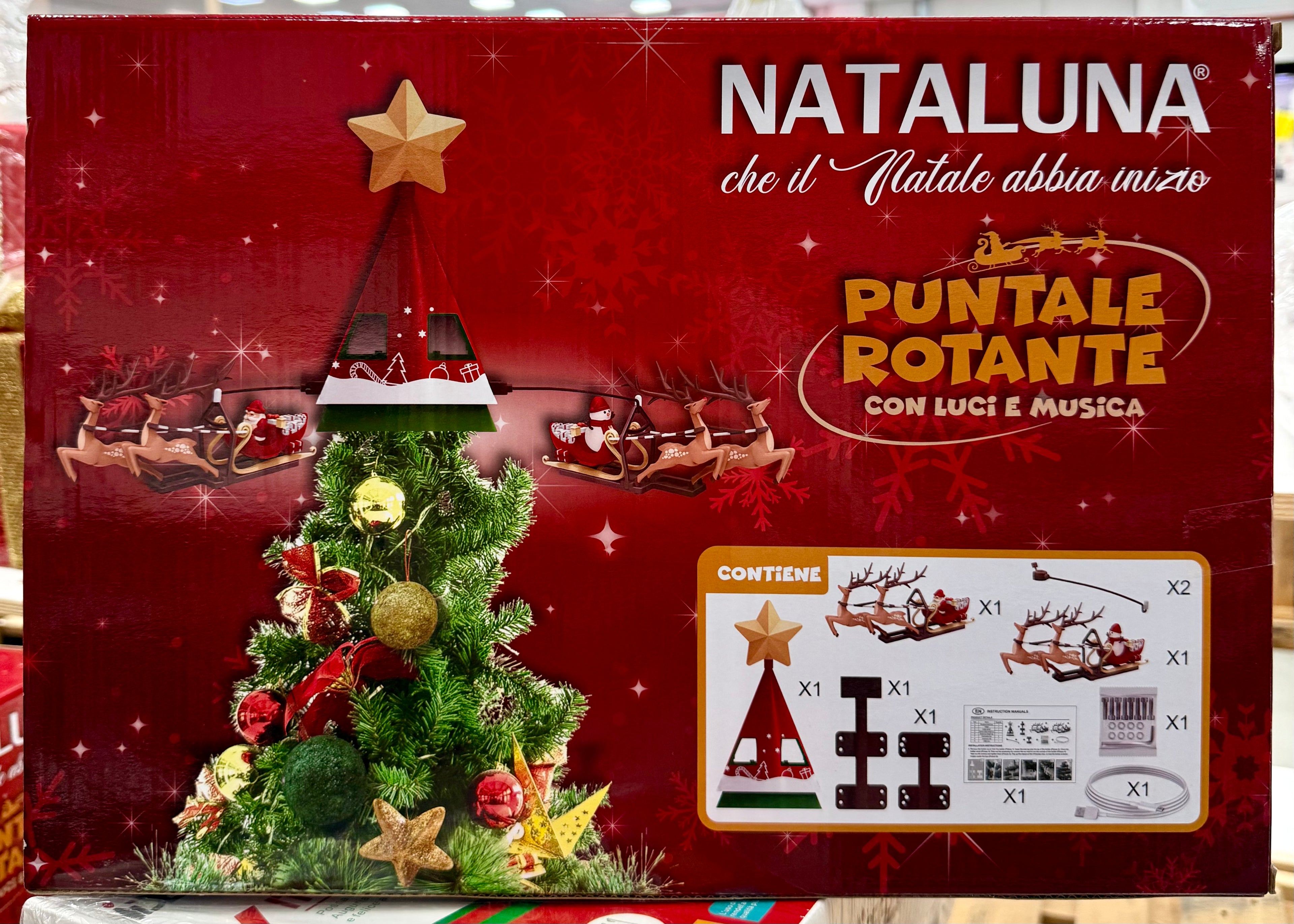 Puntale Rotante Nataluna con Luci e Musica – Babbo Natale con Slitta e Renne