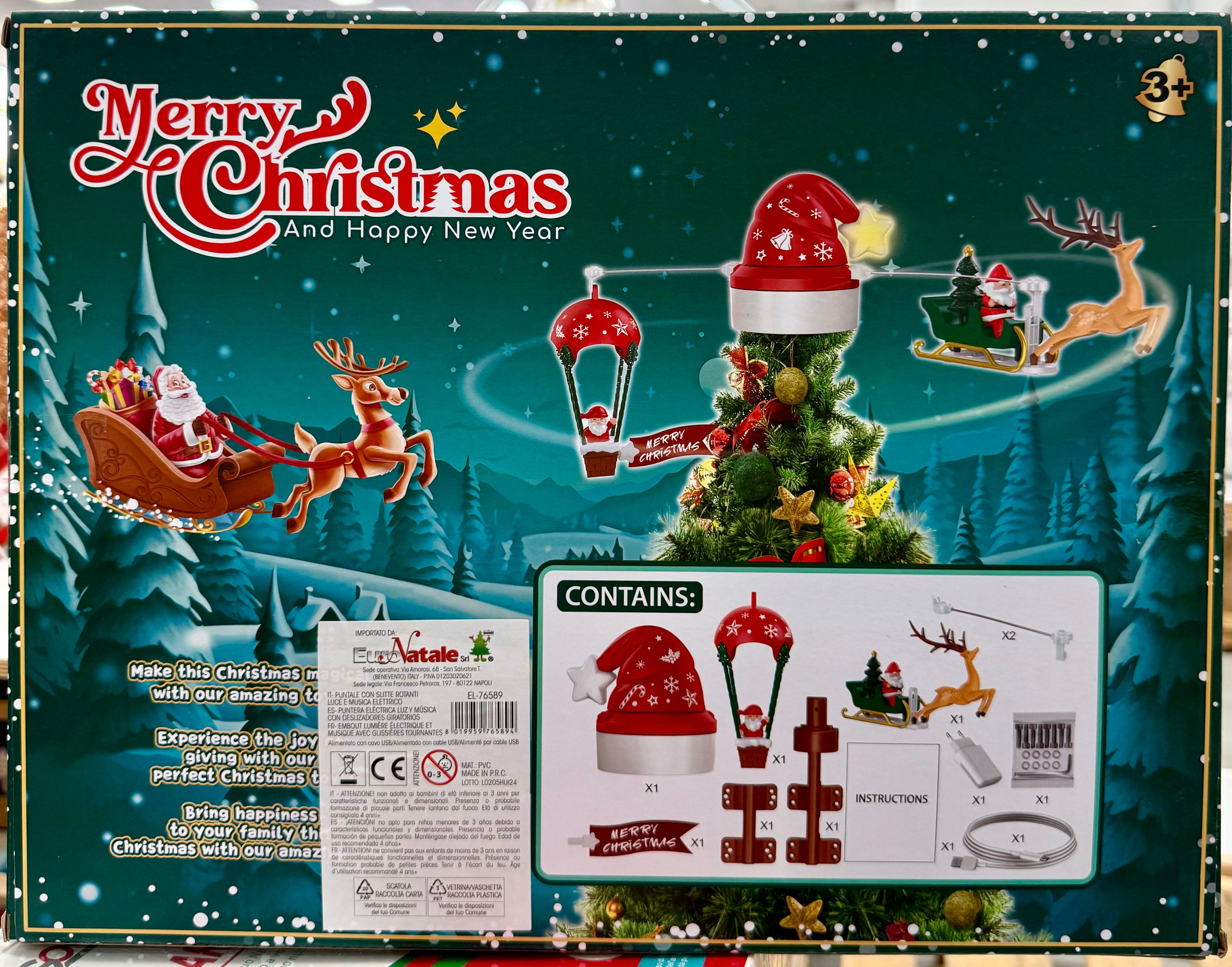 Puntale Rotante Merry Christmas con Luci e Musica – Babbo Natale con Slitta e Mongolfiera