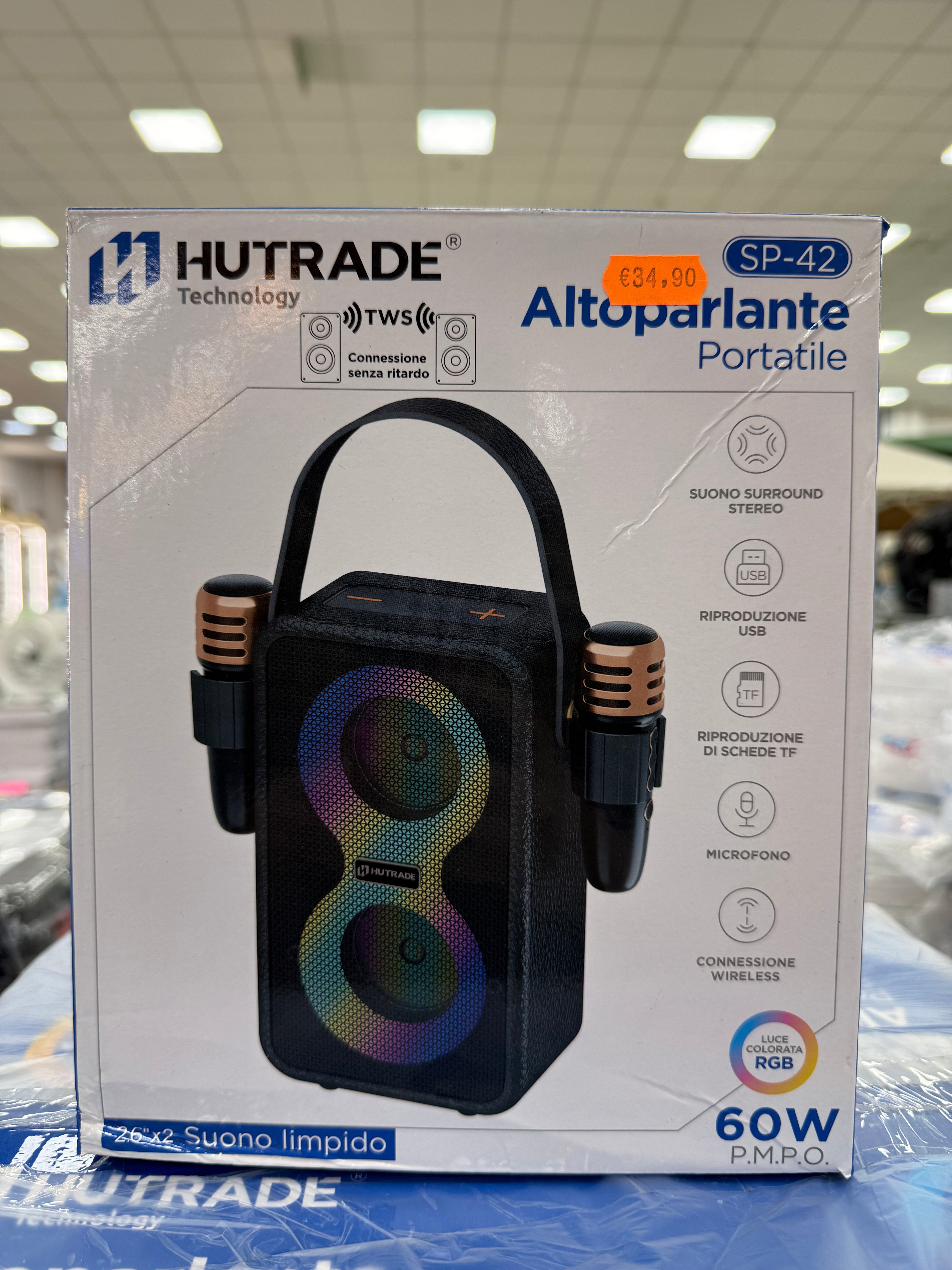 Altoparlante Portatile Bluetooth HUTRADE SP-42 con 2 Microfoni Wireless e Luci RGB
