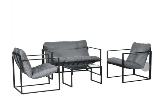 Set da Giardino da 4 Pezzi con Divano a Due Posti, 2 Poltrone e 1 Tavolino, per 4 Persone, Grigio