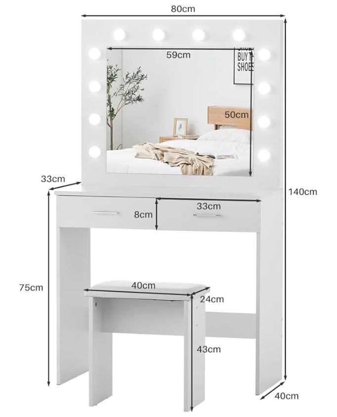 Toeletta Trucco con Specchiera e Luci LED – 3 Modalità di Illuminazione Regolabili, Bianco con Sgabello